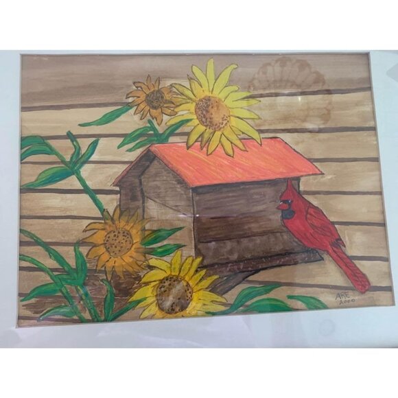 Watercolor Sunflower with Cardinal Framed Wall Art by Anna Ruth Enders 12” x 15” - Picture 2 of 3